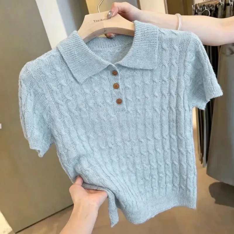 Korean Gentle Cable Knit Polo Top Women Short Sleeve Lapel Button Slim Youthful Summer Knit T-shirt
Korean Gentle Cable Knit Polo Top Women Short Sleeve Lapel Button Slim Youthful Summer Knit T-shirt