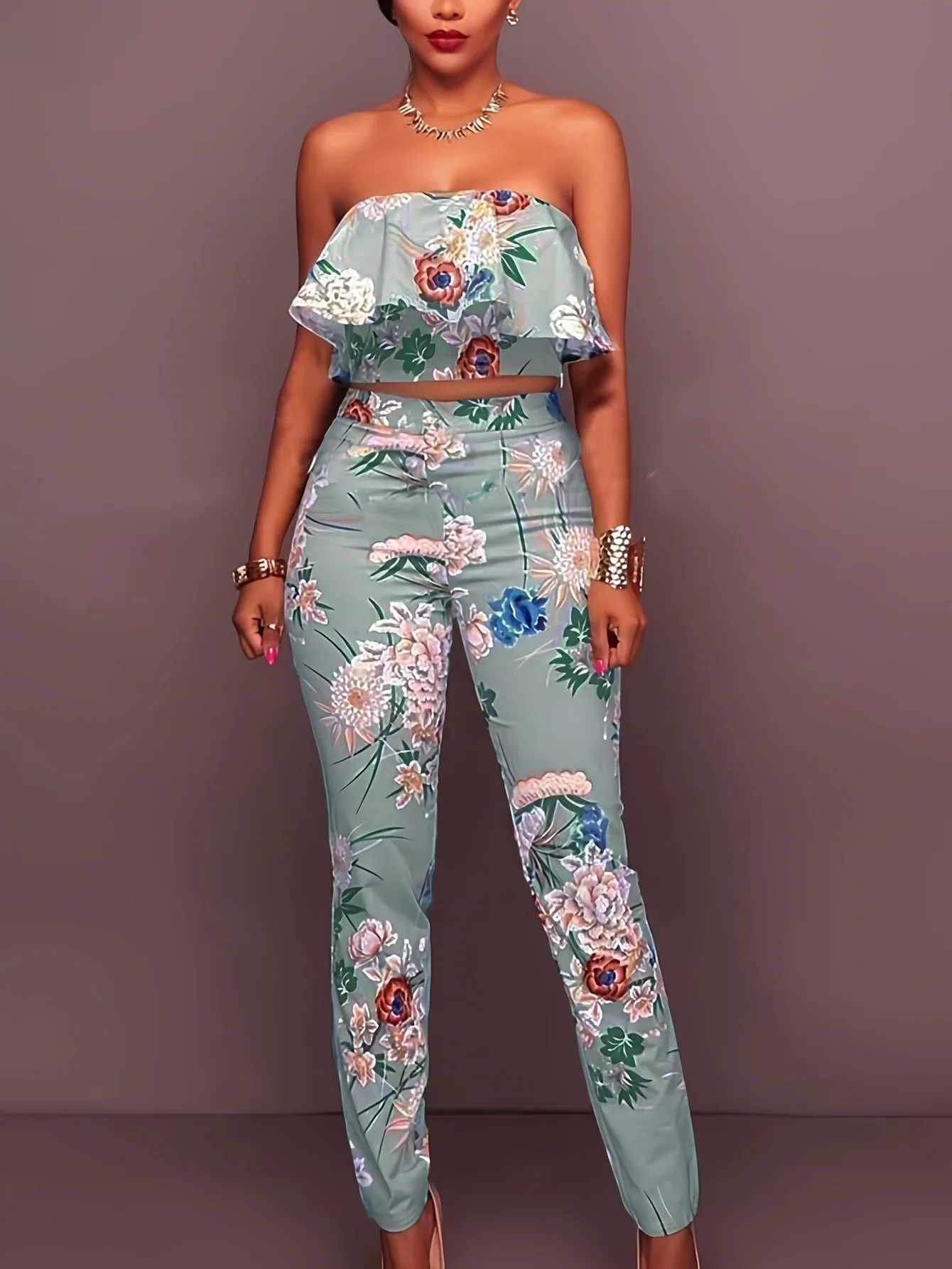 Spring Print Hip Hugging Tight Pants Suit Women Elastic Ruffle Chest Hugging Tops+high Waist Tapered Pants Female Two Piece Set
Spring Print Hip Hugging Tight Pants Suit Women Elastic Ruffle Chest Hugging Tops+high Waist Tapered Pants Female Two Piece Set