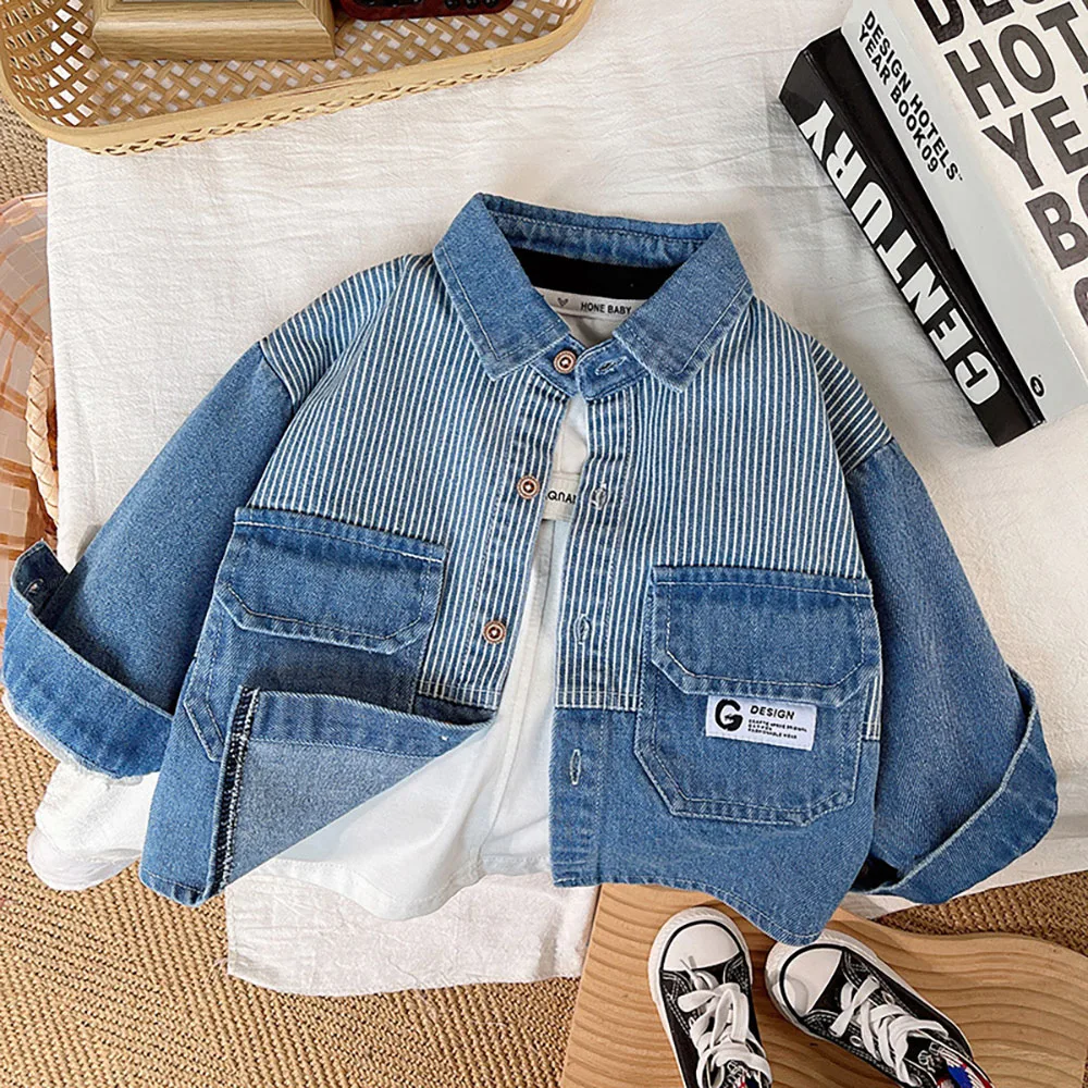 New Lapel Striped Shirt Denim Jacket For Boys Girls Spring Patchwork Long Sleeved Children's Clothes Fashion Handsome Kids Coats
New Lapel Striped Shirt Denim Jacket For Boys Girls Spring Patchwork Long Sleeved Children's Clothes Fashion Handsome Kids Coats