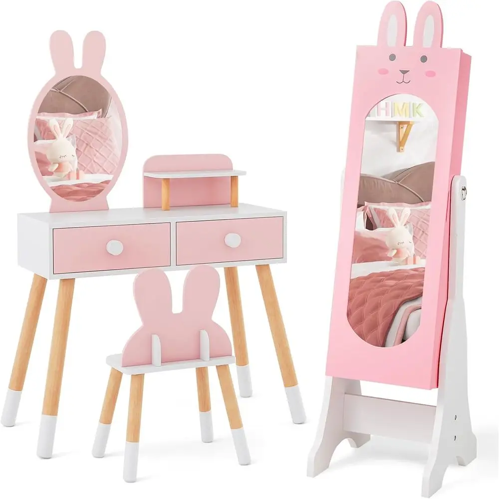 Wooden Vanity Table Set with Mirror for Kids Bedroom in Pink
Wooden Vanity Table Set with Mirror for Kids Bedroom in Pink