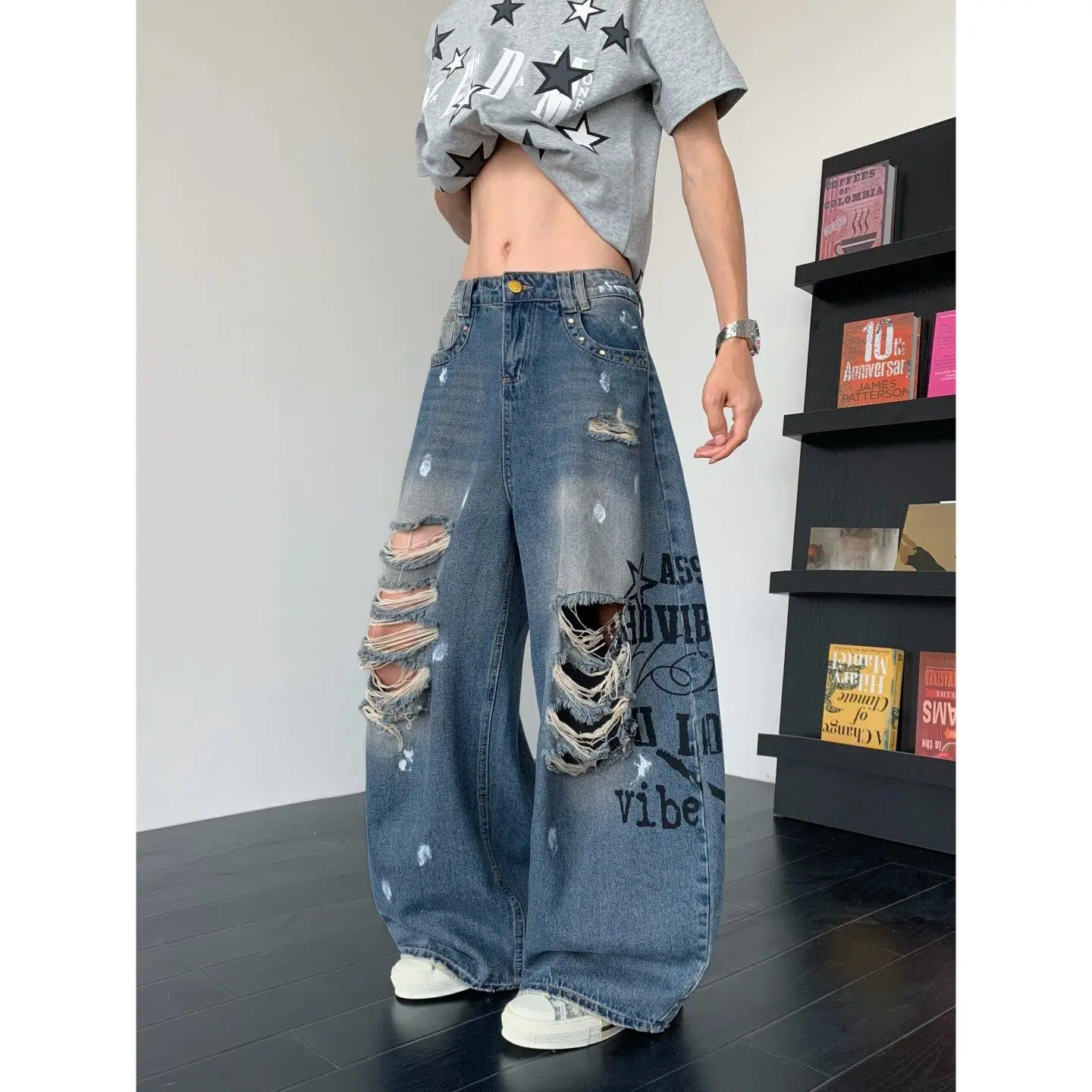 American Style Faded Ink Splashed Hole Knife Jeans Men High Street Loose Slimming Versatile Baggy Wide Leg Floor-Length Pants
American Style Faded Ink Splashed Hole Knife Jeans Men High Street Loose Slimming Versatile Baggy Wide Leg Floor-Length Pants