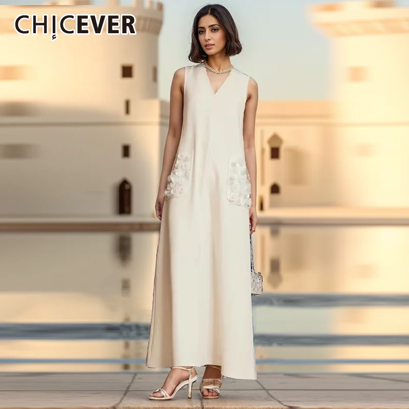 CHICEVER Solid Spliced Sequins Flower Dresses For Women V Neck Sleeveless High Waist Temperament Chic Maxi Dresses Female Summer
CHICEVER Solid Spliced Sequins Flower Dresses For Women V Neck Sleeveless High Waist Temperament Chic Maxi Dresses Female Summer