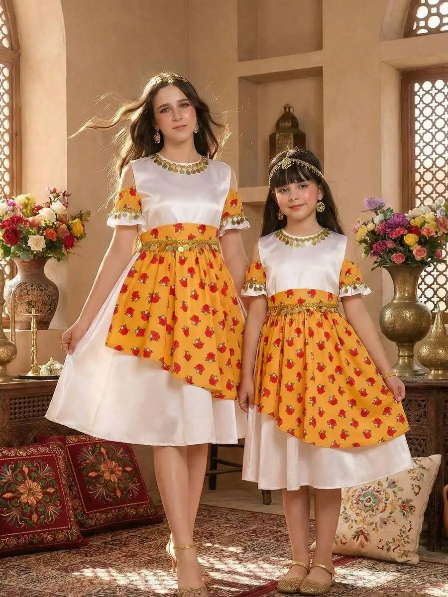 Middle Eastern Style White Round Neck Dress With Orange Rose Print And Sequin Decoration
Middle Eastern Style White Round Neck Dress With Orange Rose Print And Sequin Decoration