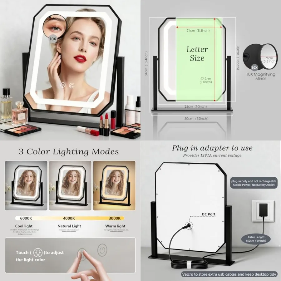 Lighted Makeup Mirror, 3 Colors for Precise Application, Touch Control Brightness Adjustment for Easy Use, with a Detachable 10
Lighted Makeup Mirror, 3 Colors for Precise Application, Touch Control Brightness Adjustment for Easy Use, with a Detachable 10