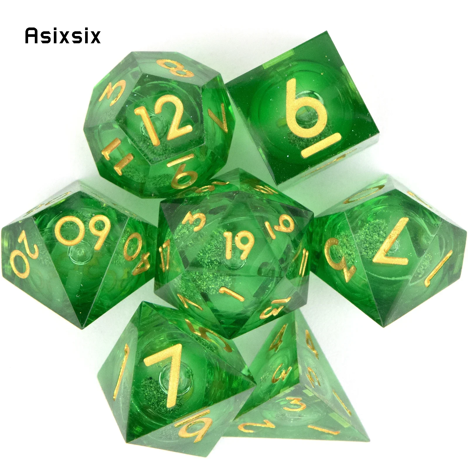 7 Pcs Green Golden Number Flowing Sand Sharp Edge Dice Polyhedral Dice Suitable For RPG Gift
7 Pcs Green Golden Number Flowing Sand Sharp Edge Dice Polyhedral Dice Suitable For RPG Gift
