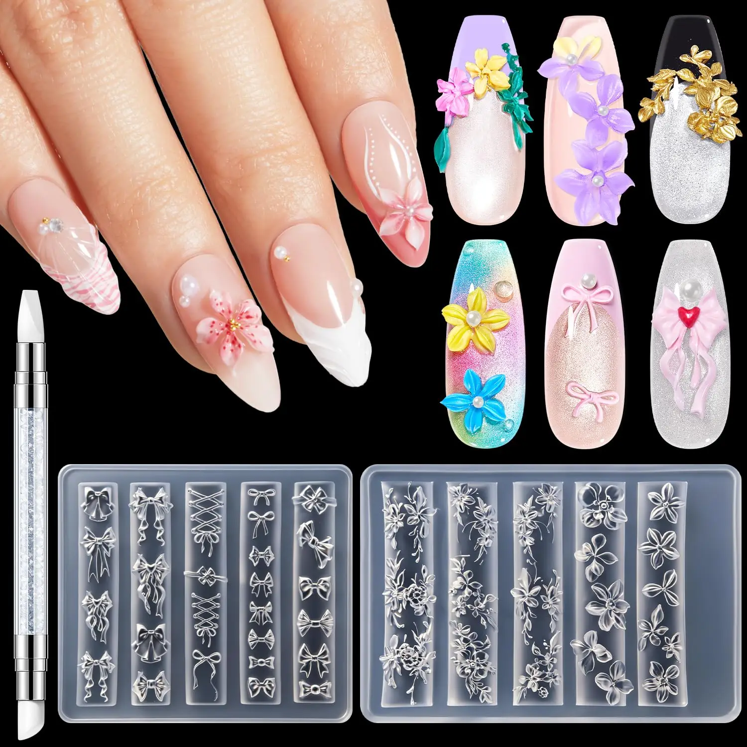 3D Silicone Nail Art Molds, Multiple Flower & Lace Bow Designs with Carving Pen, Easy DIY Nail Mold for Gel & Acrylic, Reusable
3D Silicone Nail Art Molds, Multiple Flower & Lace Bow Designs with Carving Pen, Easy DIY Nail Mold for Gel & Acrylic, Reusable