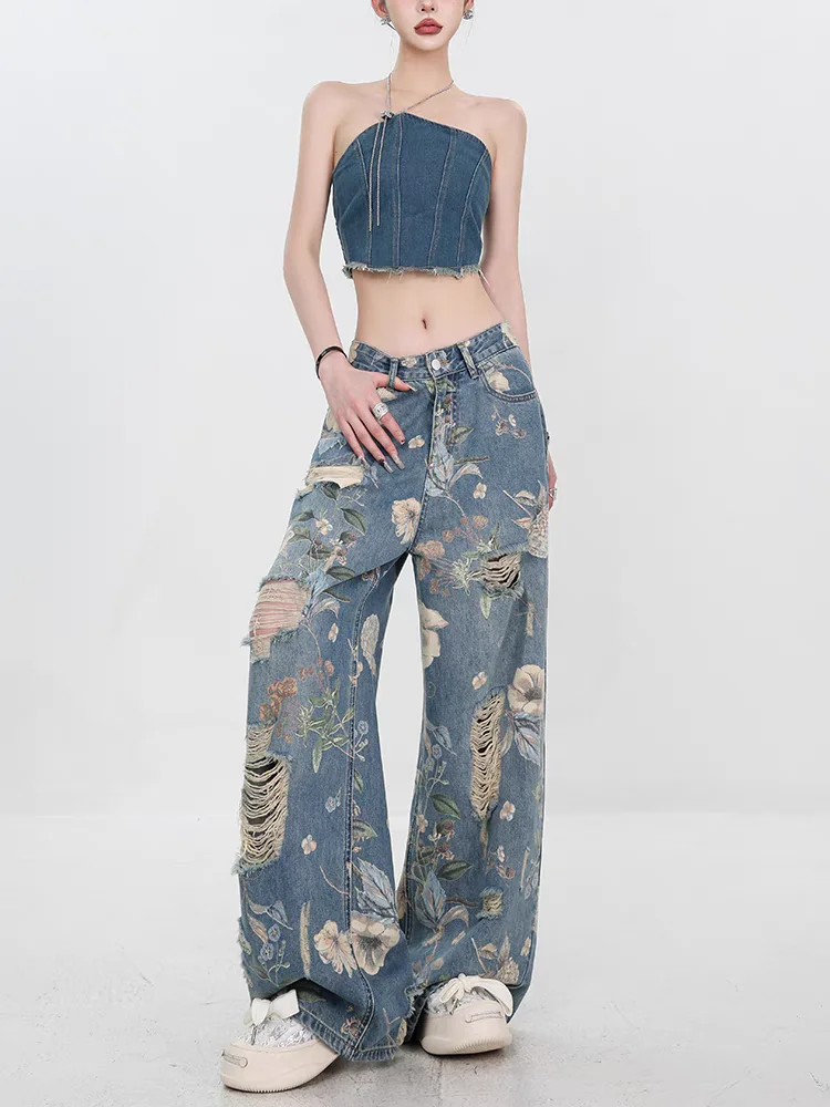 Women's Printed Pattern Holes Thin Jeans Summer Street Cool Girl Bottoms Wide Legs Pants Female Baggy Flower Denim Trousers
Women's Printed Pattern Holes Thin Jeans Summer Street Cool Girl Bottoms Wide Legs Pants Female Baggy Flower Denim Trousers