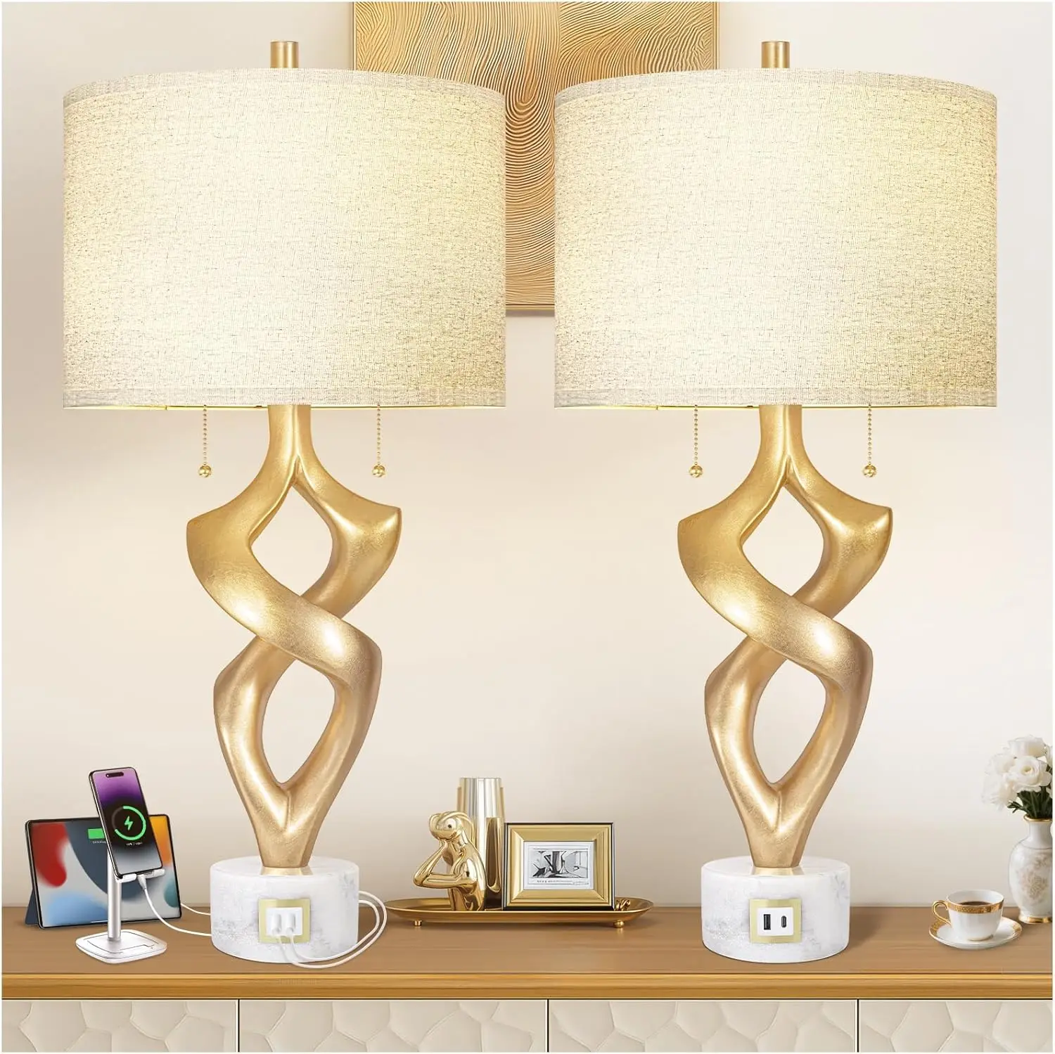 31" Gold Leaf Resin Table Lamp Set of 2 with USB Ports, Pull Chain Switch for Bedroom Living Room
31" Gold Leaf Resin Table Lamp Set of 2 with USB Ports, Pull Chain Switch for Bedroom Living Room