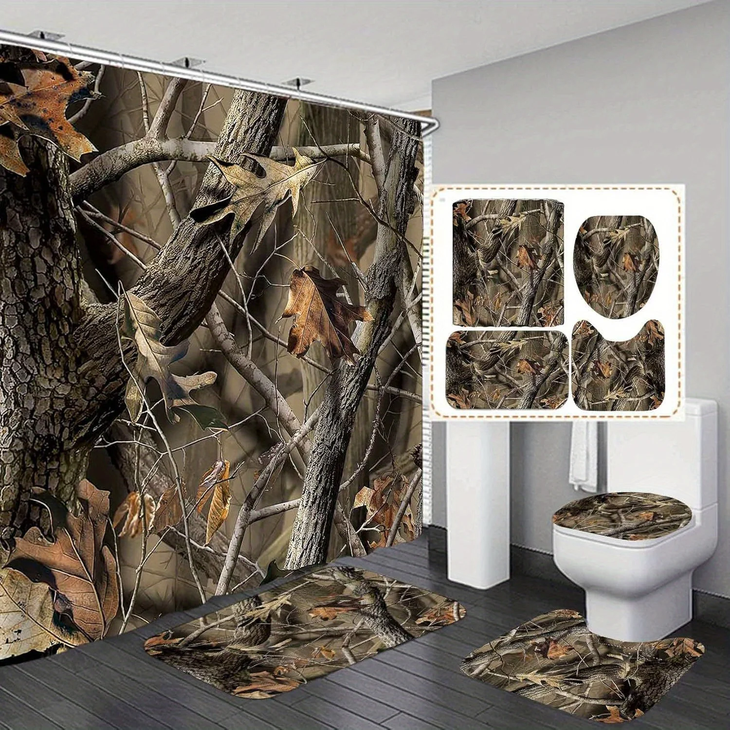 4 Piece Camouflage Bathroom Set, Camouflage Trees Woodland Forest Hunting Cabin Country Farmhouse, Non-Slip Bath Mat Toilet Mat
4 Piece Camouflage Bathroom Set, Camouflage Trees Woodland Forest Hunting Cabin Country Farmhouse, Non-Slip Bath Mat Toilet Mat