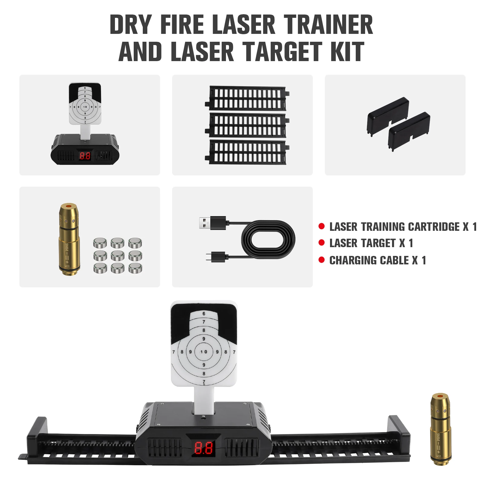 T1355 & 223 Rem Laser Trainer Kit with sound-feedback infrared drop target, plus 3-track scoring system for shooting practice.
T1355 & 223 Rem Laser Trainer Kit with sound-feedback infrared drop target, plus 3-track scoring system for shooting practice.