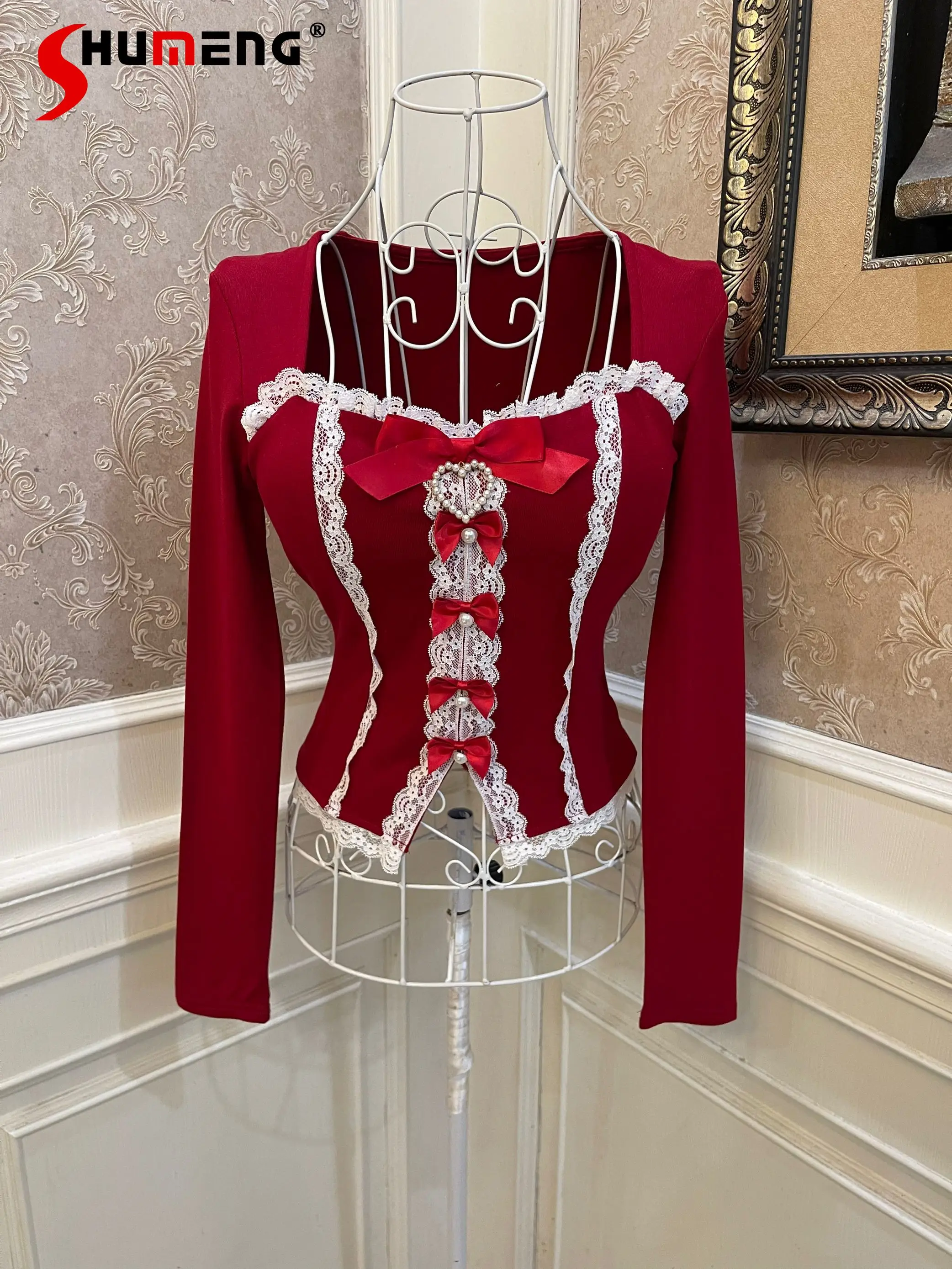 Japanese Sweet Kawaii Y2K Tops Square Neck Long Sleeve Bow Heart Lace Splicing Slim Versatile Crop T-shirts Shirts Women Spring
Japanese Sweet Kawaii Y2K Tops Square Neck Long Sleeve Bow Heart Lace Splicing Slim Versatile Crop T-shirts Shirts Women Spring