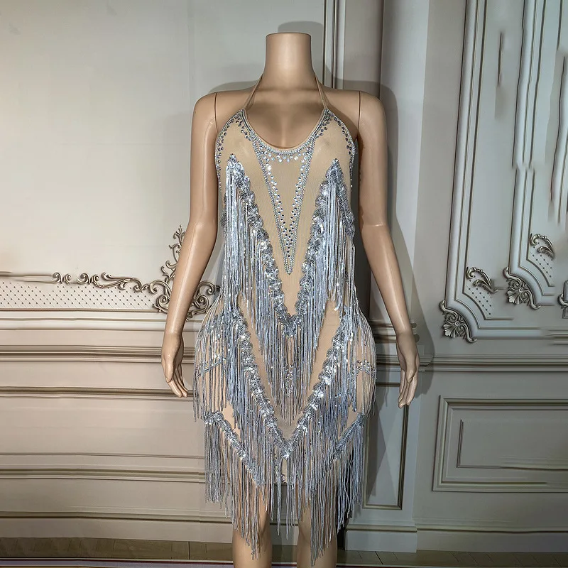 Diamond Tassel Elegant Lady Medium-Long Sexy Transparent Diamond Dance Skirt Dress Women's Evening Dresses For The Event Vestito
Diamond Tassel Elegant Lady Medium-Long Sexy Transparent Diamond Dance Skirt Dress Women's Evening Dresses For The Event Vestito