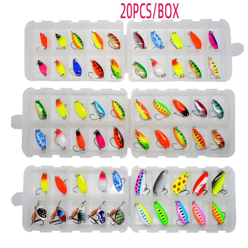 20Pcs/Box Mixed Colors Fishing Lures Spinner Spoon Bait Set Metal Fishing Lure Kit Sequins with Hooks Fishing Tackle Box
20Pcs/Box Mixed Colors Fishing Lures Spinner Spoon Bait Set Metal Fishing Lure Kit Sequins with Hooks Fishing Tackle Box