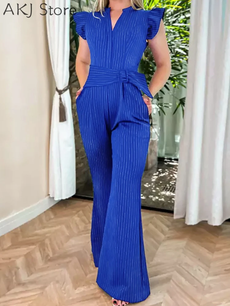 Striped V Neck Ruffle Flutter Sleeve Flared Jumpsuits Casual Overalls with Belt
Striped V Neck Ruffle Flutter Sleeve Flared Jumpsuits Casual Overalls with Belt