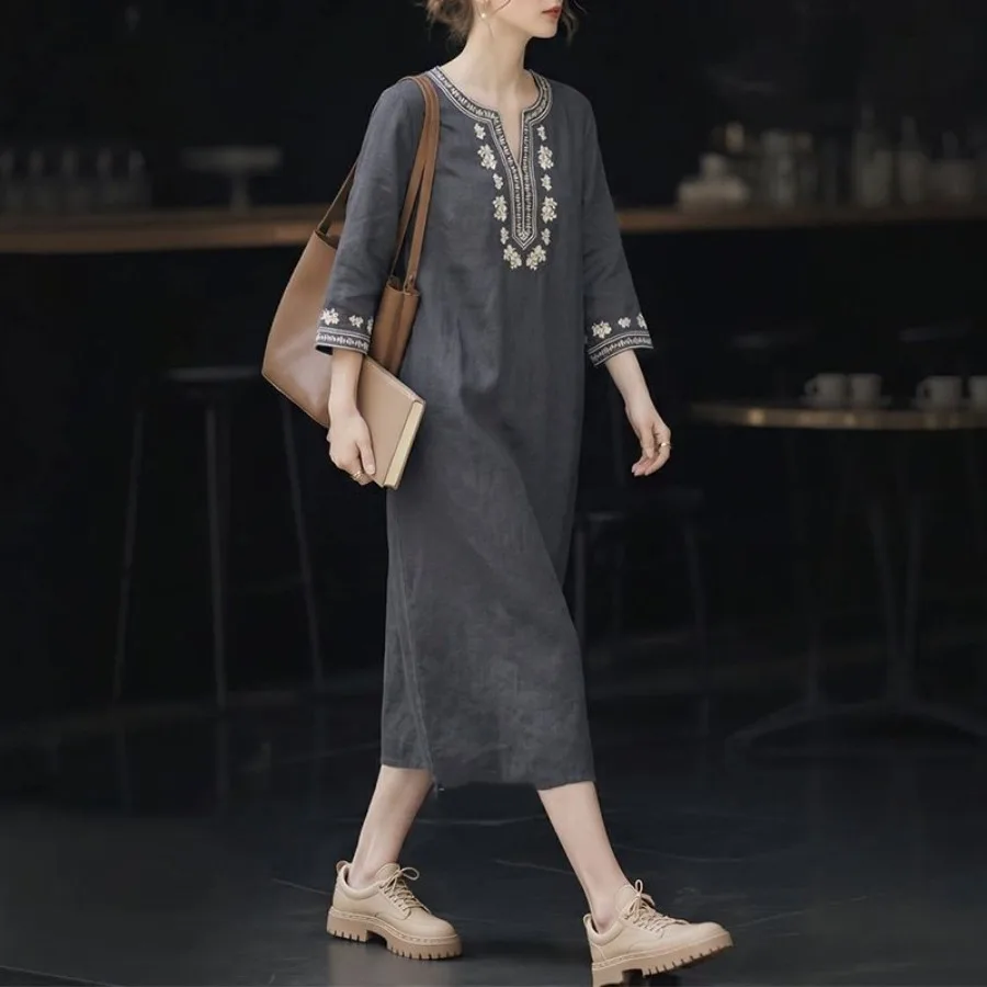 【New style】Literary and artistic retro lace embroidery medium sleeve linen dress V-neck medium and long skirt summer new loose
【New style】Literary and artistic retro lace embroidery medium sleeve linen dress V-neck medium and long skirt summer new loose