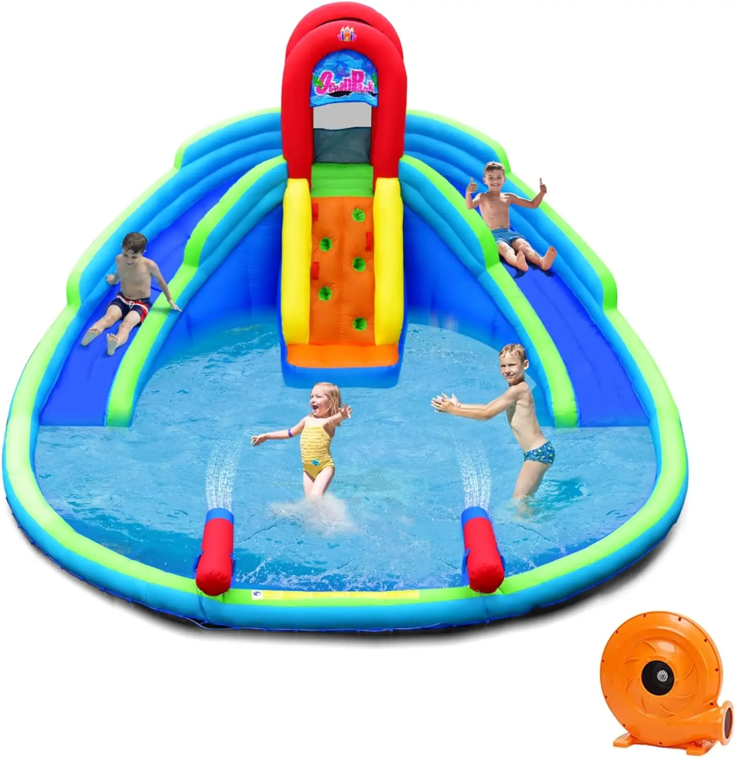 Kids Bounce House with Inflatable Water Slides, Long Slide, Climbing Wall & Large Splash Pool, Water Cannons & Hose for Backyard Summer Fun, Blow Up Water Park Includes 780W Blower
Kids Bounce House with Inflatable Water Slides, Long Slide, Climbing Wall & Large Splash Pool, Water Cannons & Hose for Backyard Summer Fun, Blow Up Water Park Includes 780W Blower