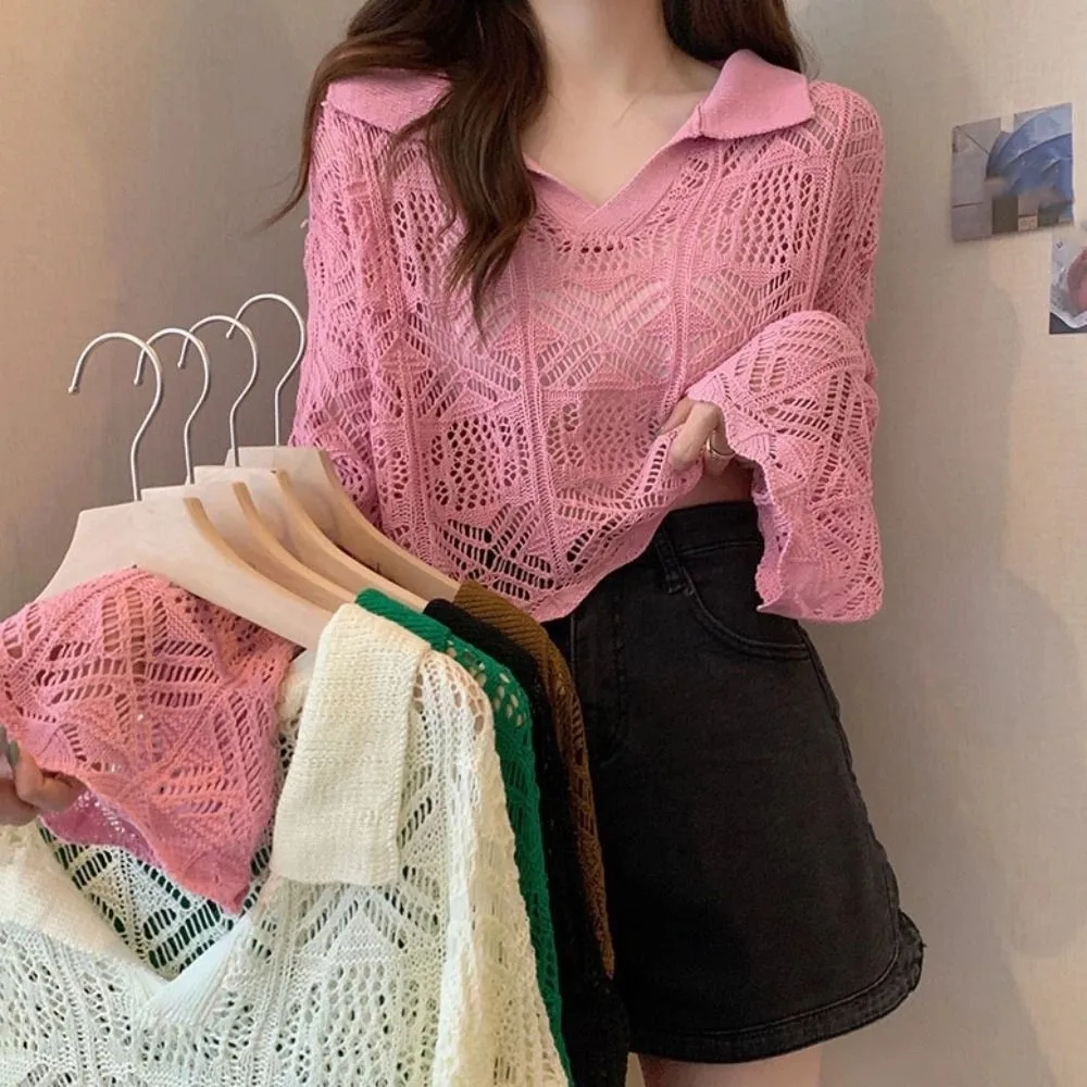 Simple V-neck Hollow Out Knit T-shirt Long Sleeve Loose Crochet Knitwear Korean Style Beachwear Sweet Girl's Beach Top Women
Simple V-neck Hollow Out Knit T-shirt Long Sleeve Loose Crochet Knitwear Korean Style Beachwear Sweet Girl's Beach Top Women