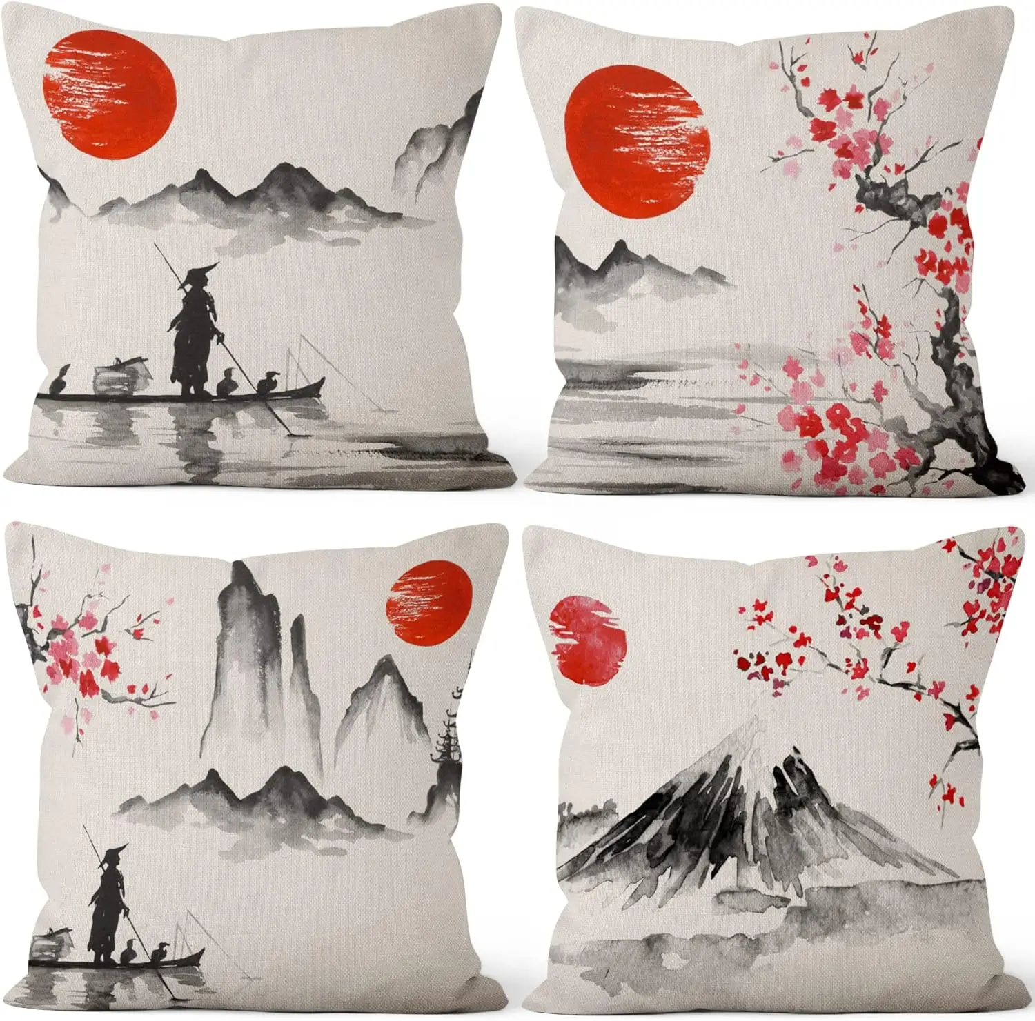 4pcs Red Sun Fisherman Cherry Blossom Mountain Ink Wash Printed Pillow Cover Polyester Cushion Case 2D Flat Asian Zen Decor Now
4pcs Red Sun Fisherman Cherry Blossom Mountain Ink Wash Printed Pillow Cover Polyester Cushion Case 2D Flat Asian Zen Decor Now
