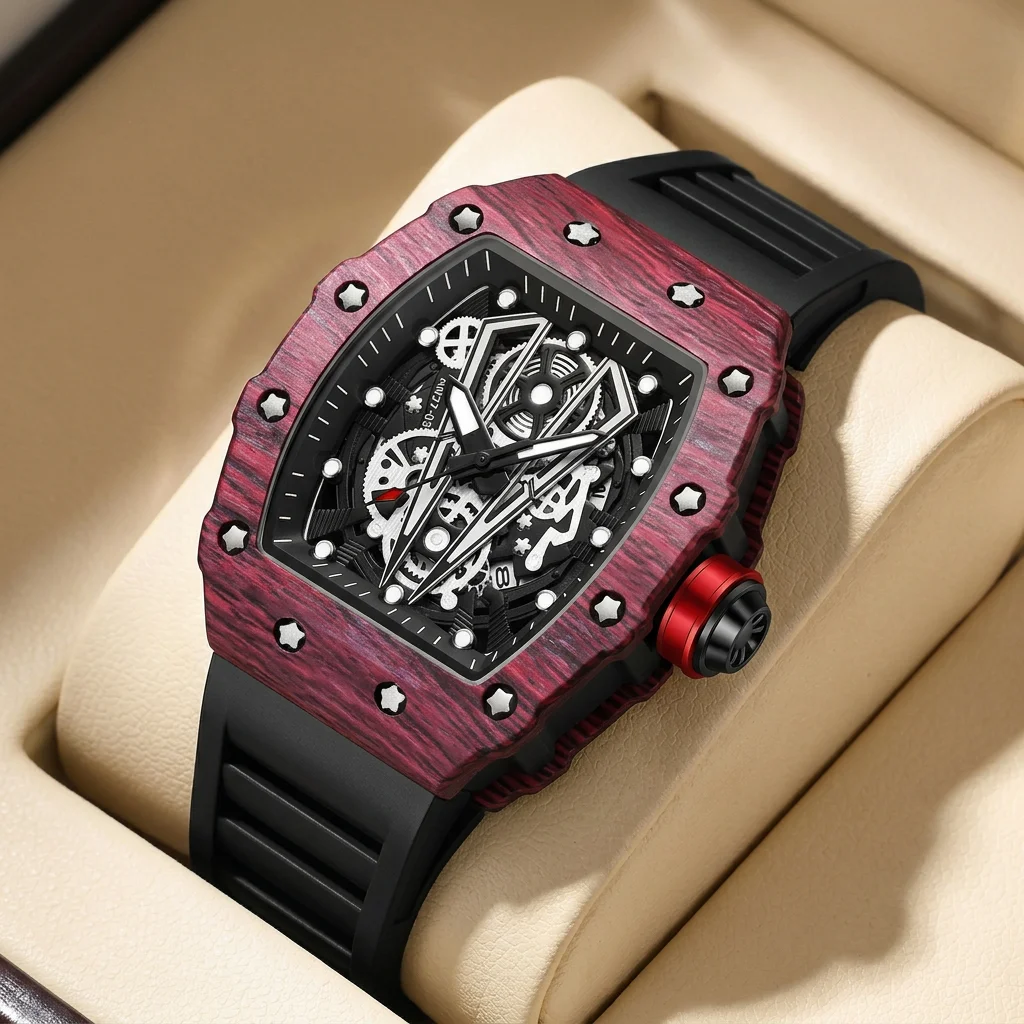 1pcs Fashion Wristwatch Wine Red Wood Grain Case Black Silicone Strap Red Crown Hollow Mechanical Dial Star Shaped Screw
1pcs Fashion Wristwatch Wine Red Wood Grain Case Black Silicone Strap Red Crown Hollow Mechanical Dial Star Shaped Screw