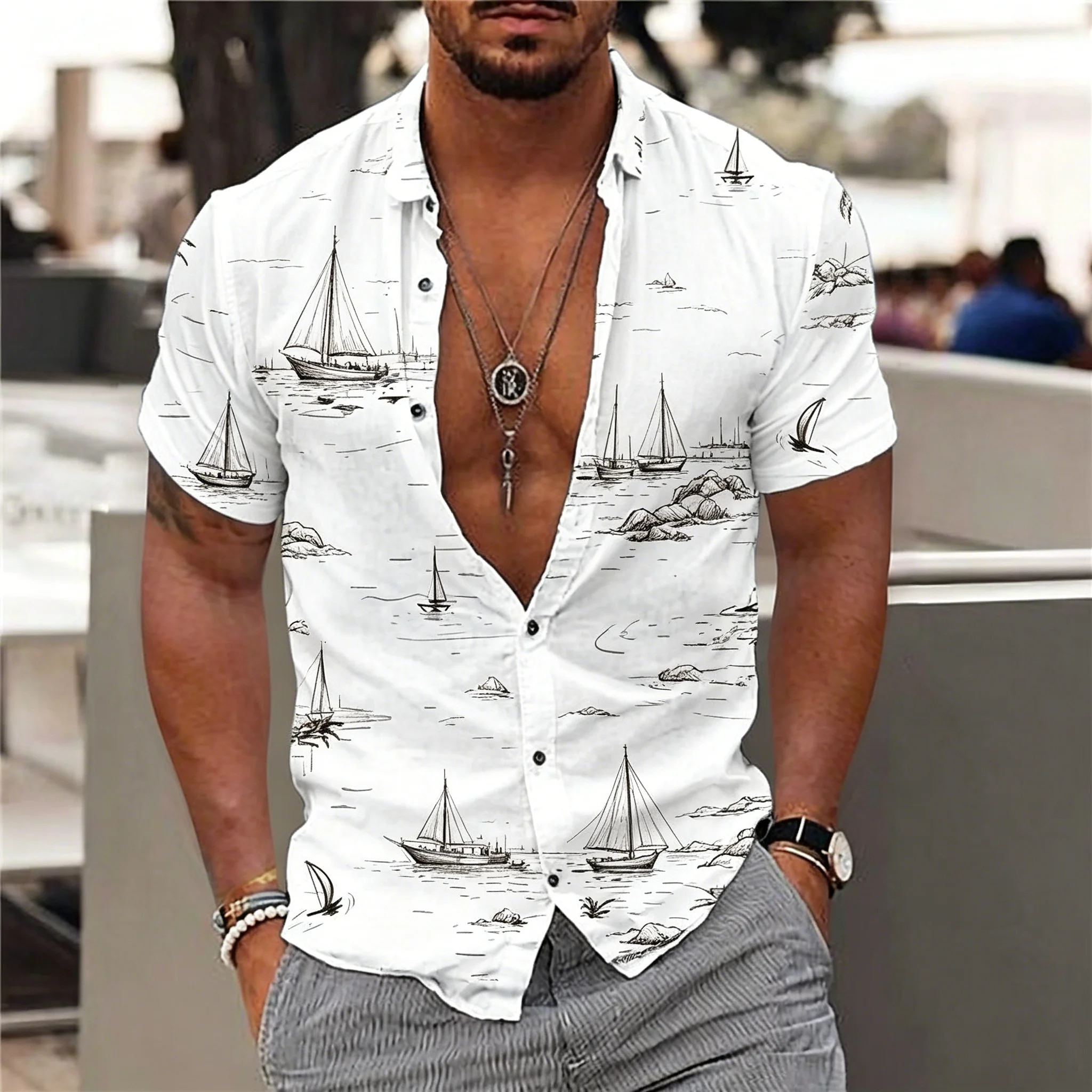Men's Short Sleeve Button Shirt, Sketch Sailboat Coastal Scenery Print, Loose Fit for Spring Summer Beach Daily Vacation Outfits
Men's Short Sleeve Button Shirt, Sketch Sailboat Coastal Scenery Print, Loose Fit for Spring Summer Beach Daily Vacation Outfits