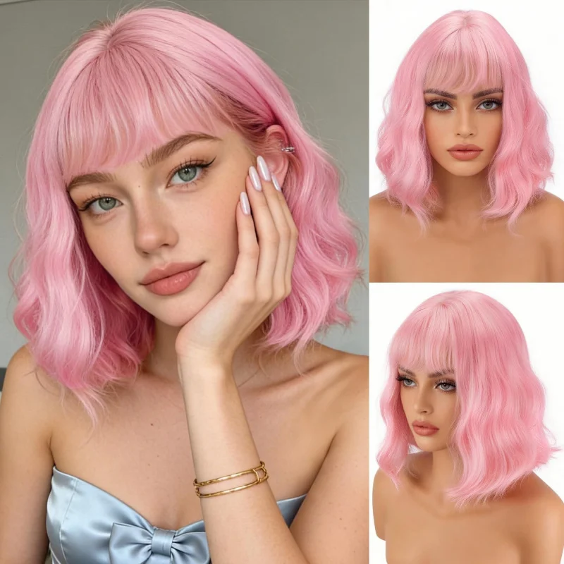 European and American women's wavy curly wig with bangs, natural-looking synthetic short hair made of high-temperature fib
European and American women's wavy curly wig with bangs, natural-looking synthetic short hair made of high-temperature fib