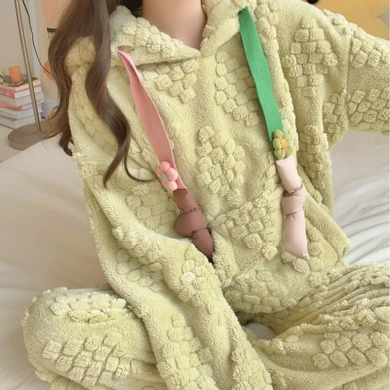 Hooded Pajamas Women Winter Coral Fleece Thickened Fleece-Lined Homewear Suit Female Solid Color Leisure Warm Nightclothes Sets
Hooded Pajamas Women Winter Coral Fleece Thickened Fleece-Lined Homewear Suit Female Solid Color Leisure Warm Nightclothes Sets