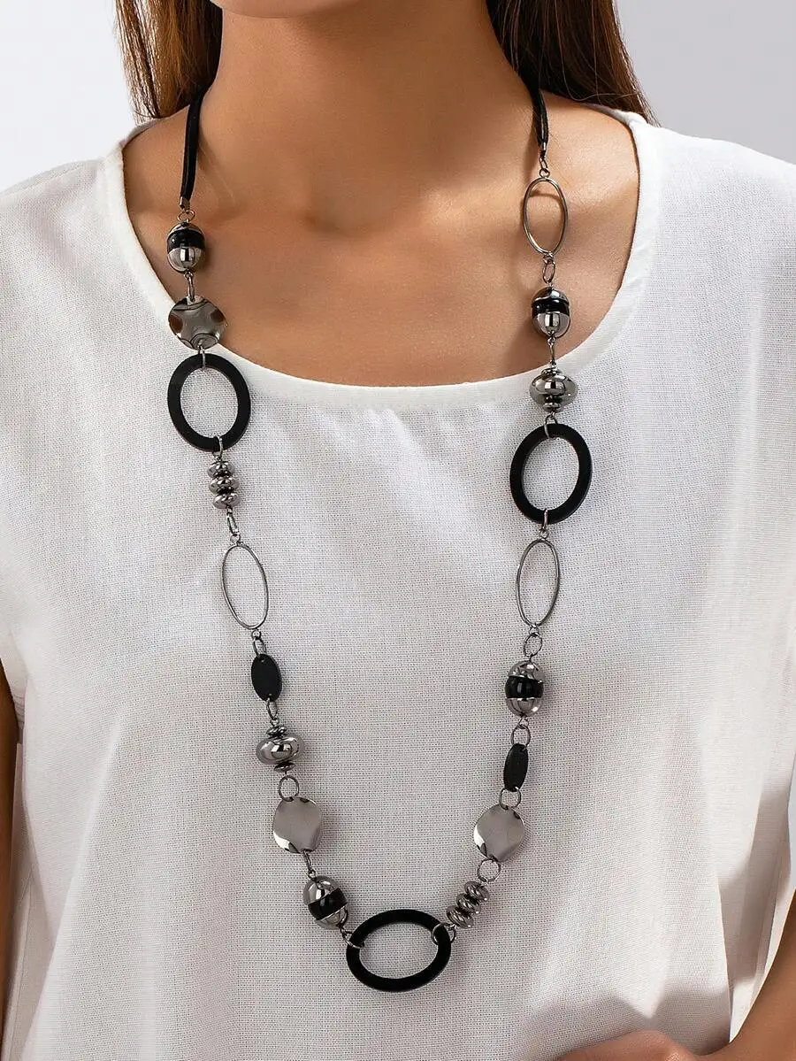Long Fashion Statement Necklace With Black And Silver Tone Beads For Women
Long Fashion Statement Necklace With Black And Silver Tone Beads For Women