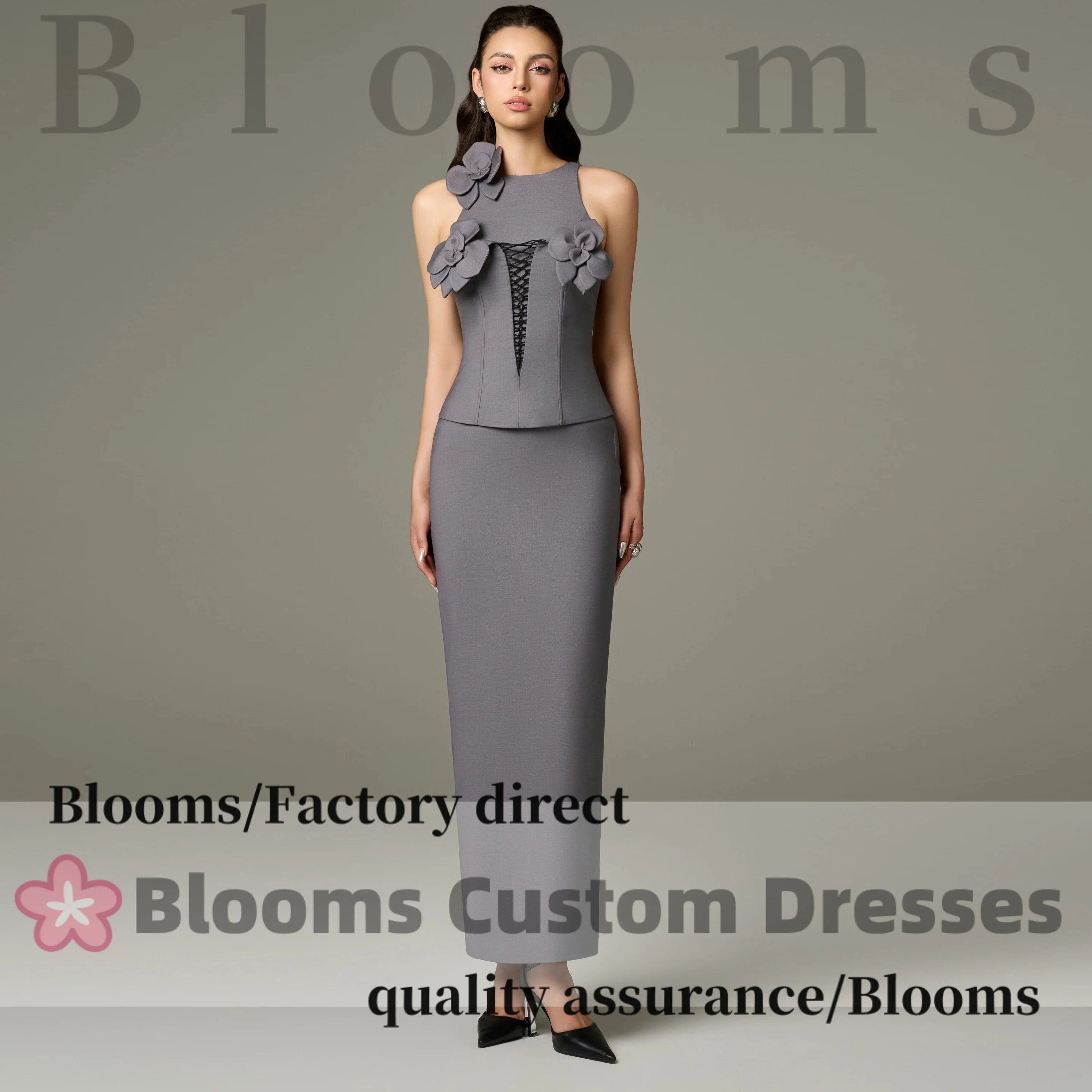 Customized Sleeveless Grey Evening Two-Piece Set with Floral Appliques Lace-Up Elegant Formal Party Dress Back Slit
Customized Sleeveless Grey Evening Two-Piece Set with Floral Appliques Lace-Up Elegant Formal Party Dress Back Slit