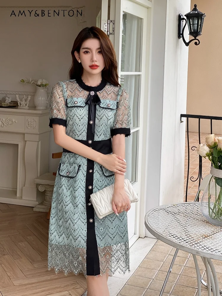 French Style Elegant Single-Breasted Short Sleeve Slim A-line Dress for Women High-End Small Fragrance Fashion Lace Mini Dress
French Style Elegant Single-Breasted Short Sleeve Slim A-line Dress for Women High-End Small Fragrance Fashion Lace Mini Dress