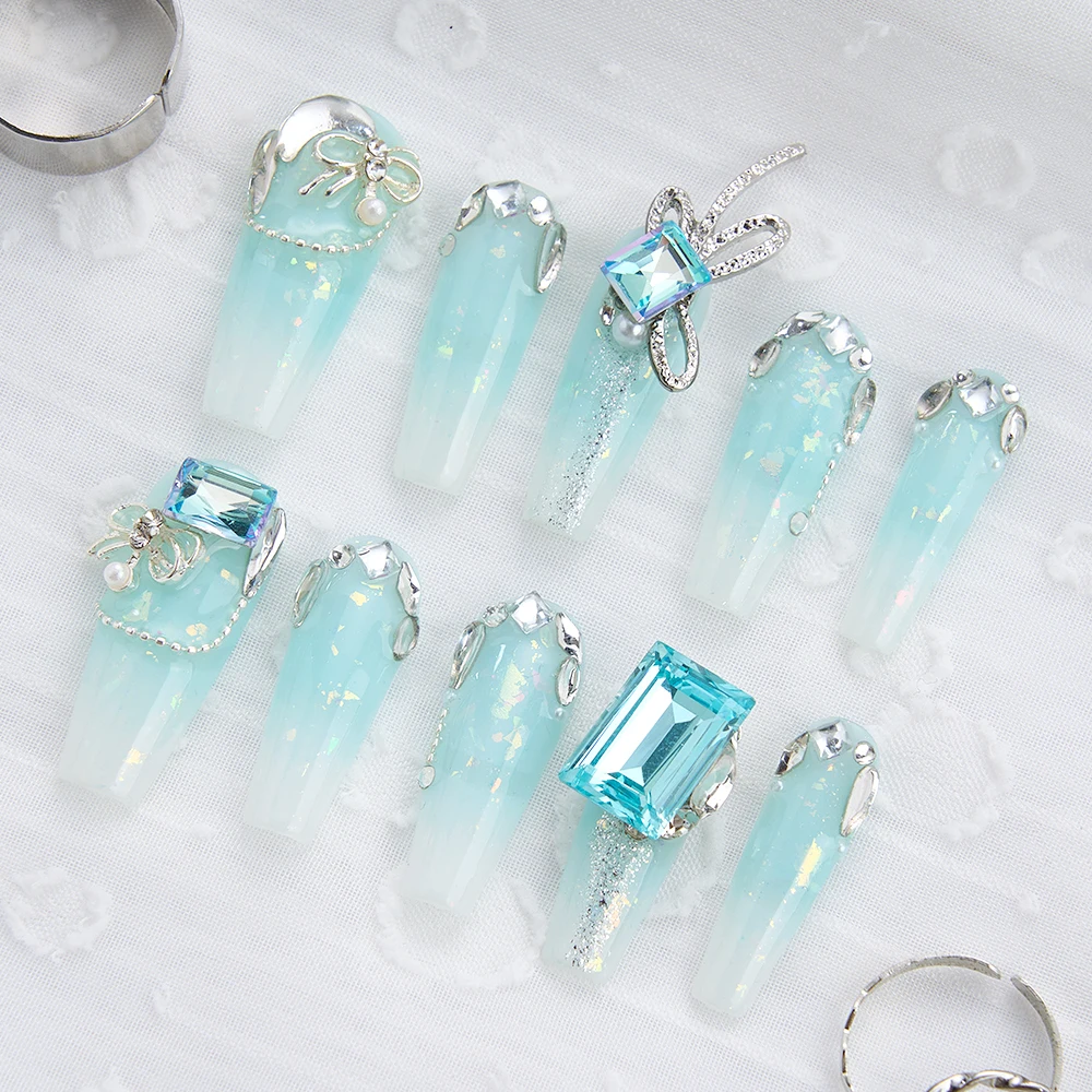 10pcs Handmade Press on Nails Blue Gradient Diamond Long Ladder Full Coverage Nail Tips for Women&Girl Removable Wearable Nail
10pcs Handmade Press on Nails Blue Gradient Diamond Long Ladder Full Coverage Nail Tips for Women&Girl Removable Wearable Nail