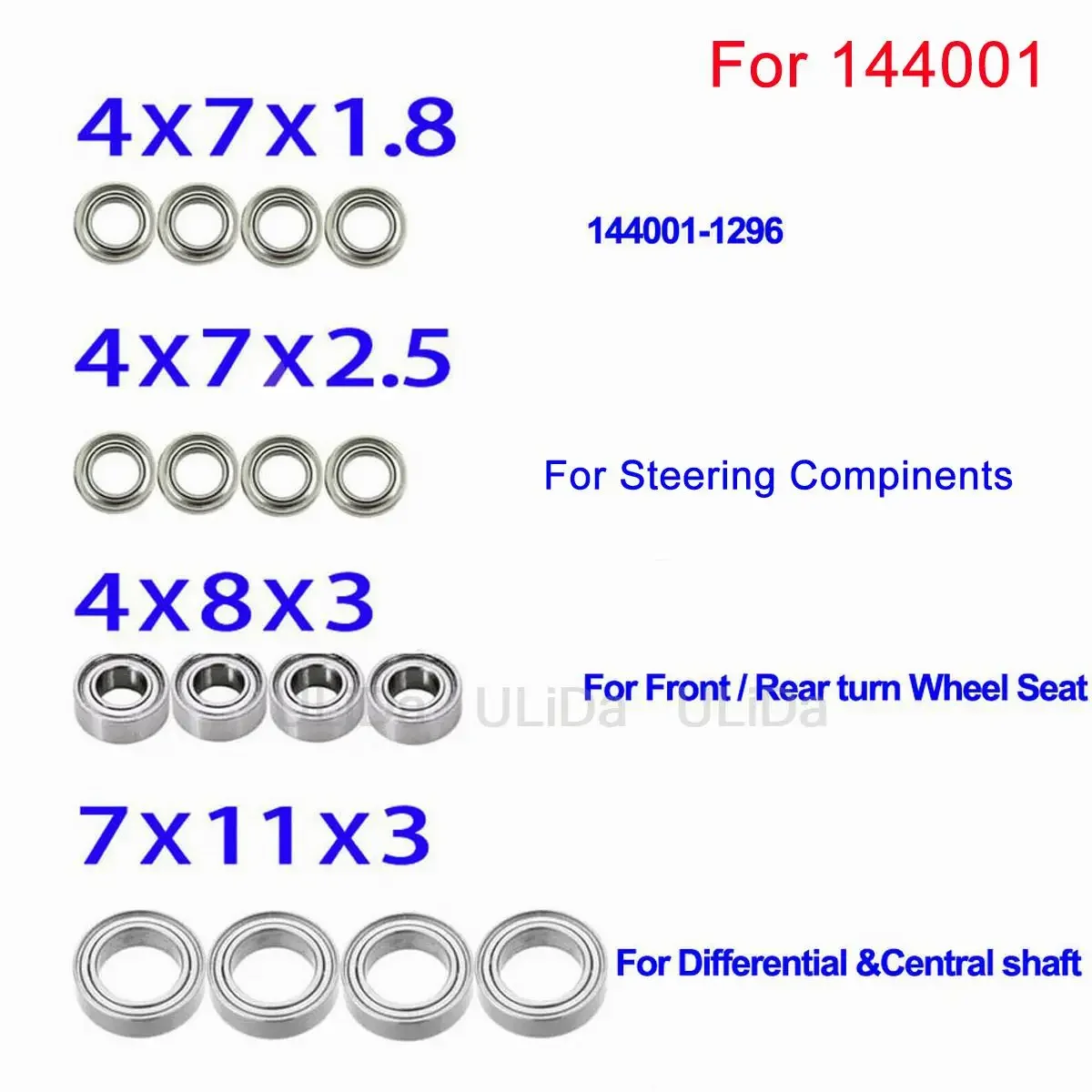Wltoys 144001 Bearing Set 144001-1296 Steering /Wheel seat/Differ shaft Ball Bearings for Wltoys 1/14 144001 RC Car Accessories
Wltoys 144001 Bearing Set 144001-1296 Steering /Wheel seat/Differ shaft Ball Bearings for Wltoys 1/14 144001 RC Car Accessories