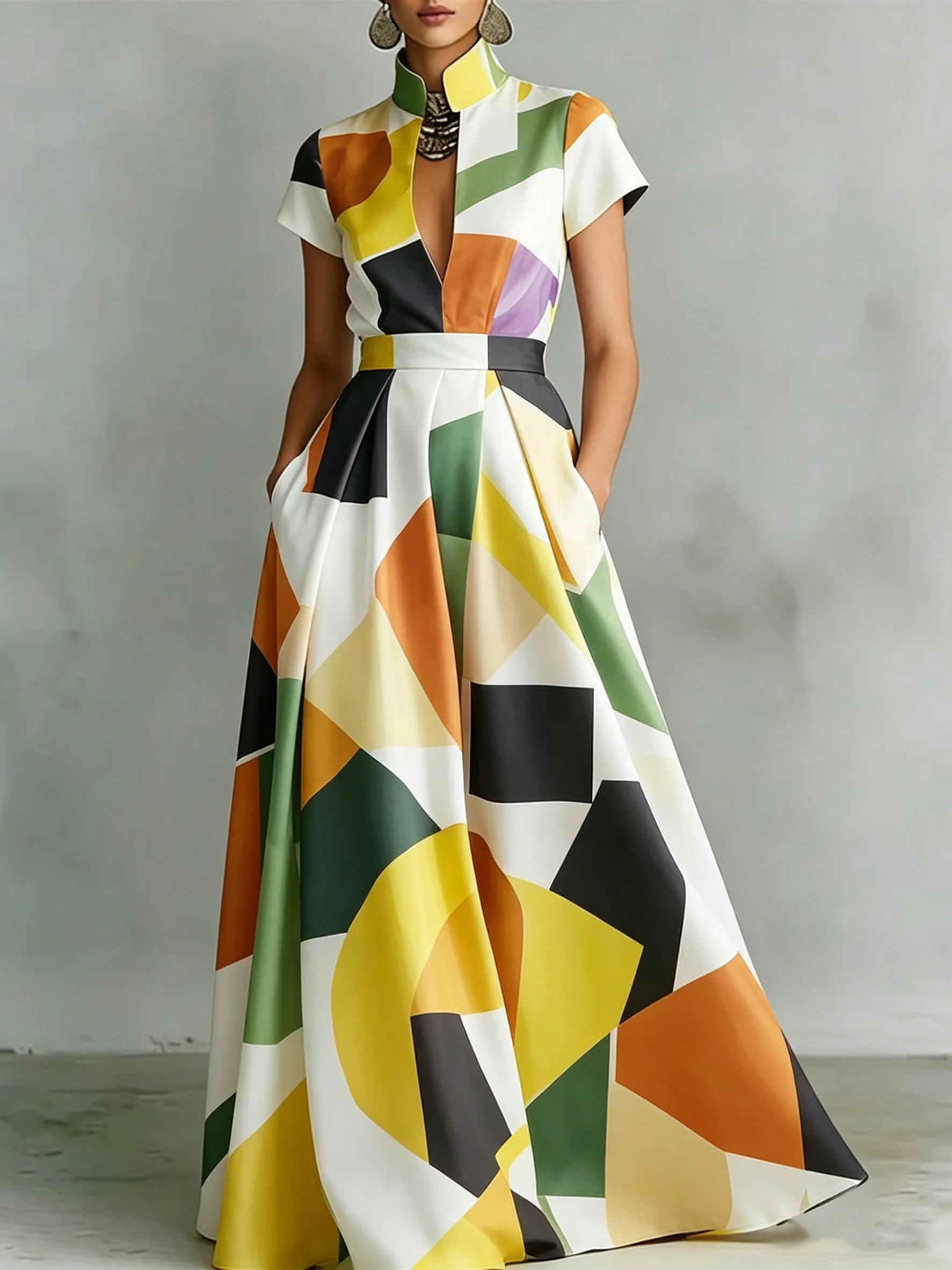 Women's Modern Chinese Stand Collar Multi Color Geometric Block Maxi Dress Short Sleeve Slim Summer Formal Evening Long Gown
Women's Modern Chinese Stand Collar Multi Color Geometric Block Maxi Dress Short Sleeve Slim Summer Formal Evening Long Gown