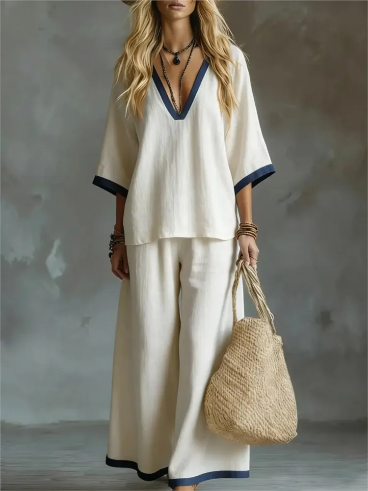 Fashion Patchwork Color Loose Half Sleeve V Neck Shirt Wide Leg Pants Suit Women Pring Autumn Casual Holiday Party 2 Piece Set
Fashion Patchwork Color Loose Half Sleeve V Neck Shirt Wide Leg Pants Suit Women Pring Autumn Casual Holiday Party 2 Piece Set