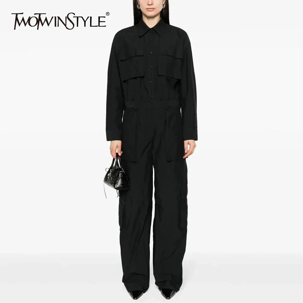 TWOTWINSTYLE Solid Patchwork Pockets Jumpsuits For Women Lapel Long Sleeve High Waist Spliced Button Jumpsuit Female Fashion New
TWOTWINSTYLE Solid Patchwork Pockets Jumpsuits For Women Lapel Long Sleeve High Waist Spliced Button Jumpsuit Female Fashion New