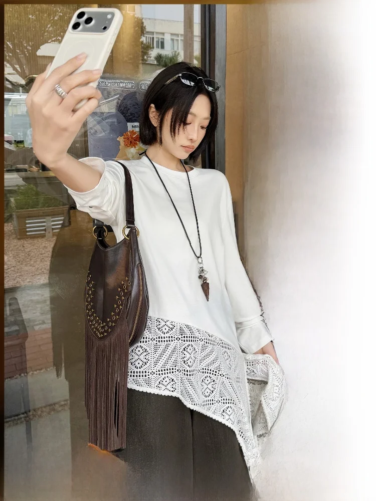 MeiYang Long Sleeve T-Shirt Artistic Cutout Lace Trim Silk Soft Cotton Hollow out Casual Classic Style Women's round Neck Top
MeiYang Long Sleeve T-Shirt Artistic Cutout Lace Trim Silk Soft Cotton Hollow out Casual Classic Style Women's round Neck Top