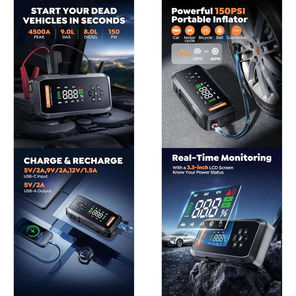 Автомобильный стартер с воздушным компрессором, 150 фунтов на квадратный дюйм, перемычка с аккумулятором 4500 А, портативный стартер (9 л, газ/8 л, дизель), стартер 12 В с автоматическим управлением
Автомобильный стартер с воздушным компрессором, 150 фунтов на квадратный дюйм, перемычка с аккумулятором 4500 А, портативный стартер (9 л, газ/8 л, дизель), стартер 12 В с автоматическим управлением