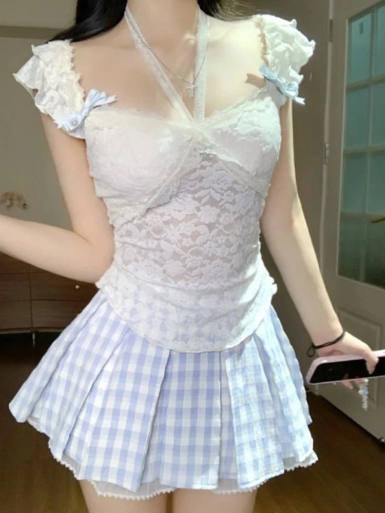 Summer Elegant Casual New 2-piece Set Women Fashion Sweet Bow Skinny Thin Tops Female Cute Chic Blue Plaid Short Skirt Suit 2025
Summer Elegant Casual New 2-piece Set Women Fashion Sweet Bow Skinny Thin Tops Female Cute Chic Blue Plaid Short Skirt Suit 2025