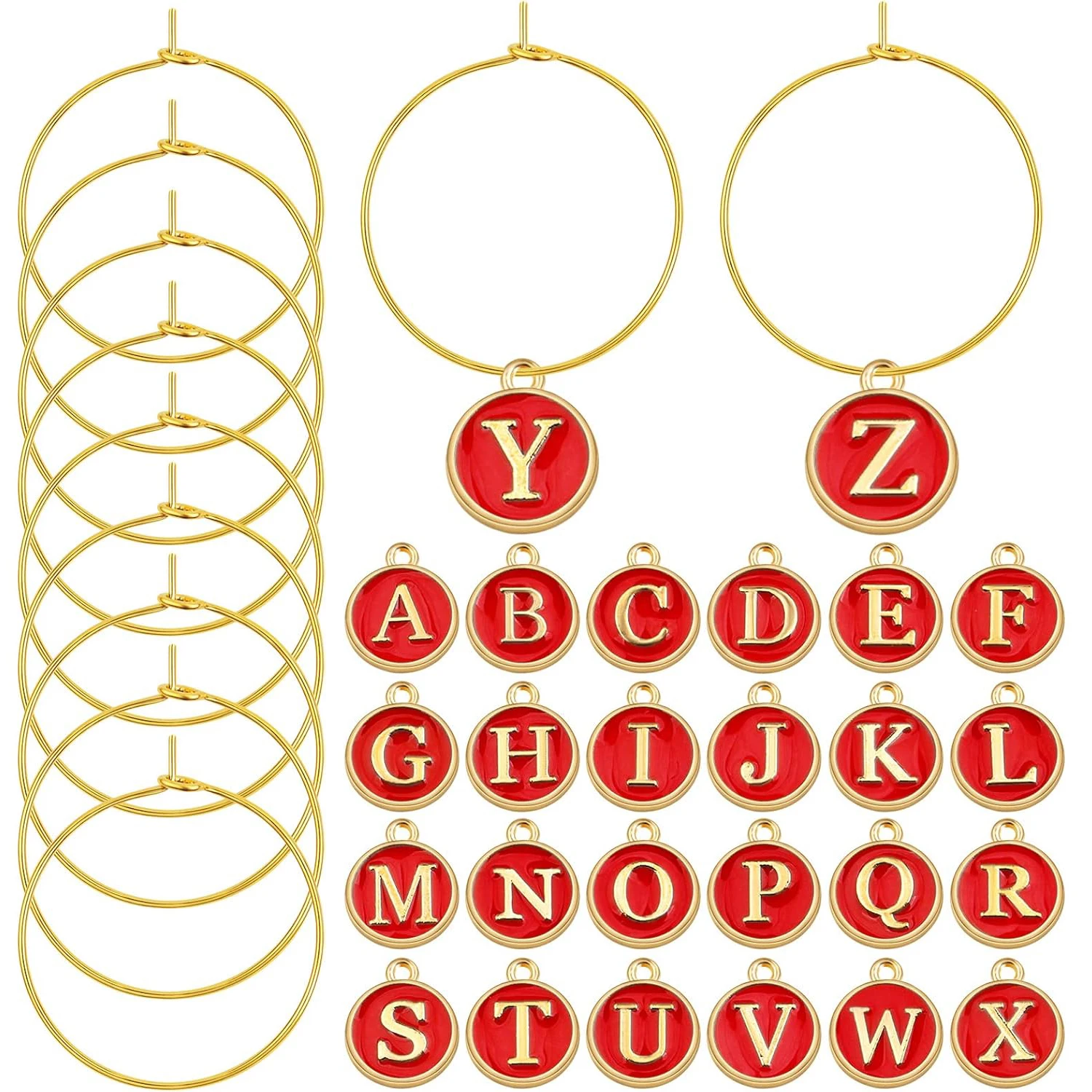52pcs 12 mm Red Enamel Alphabet Letter Charms and 60pcs 25 mm Golden Earring Hoops Wine Glass Rings Drink Identifiers Markers
52pcs 12 mm Red Enamel Alphabet Letter Charms and 60pcs 25 mm Golden Earring Hoops Wine Glass Rings Drink Identifiers Markers