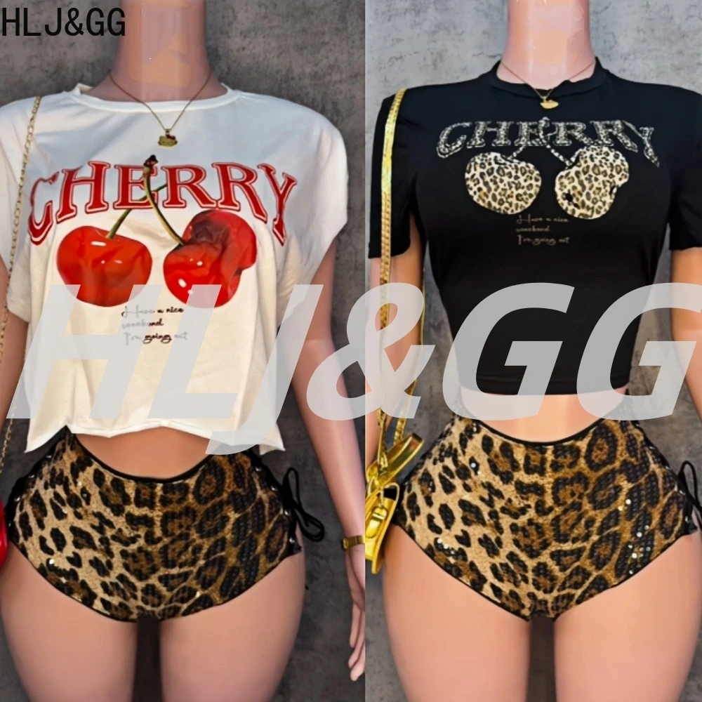 HLJ&GG Y2K Fashion Cherry Tshirts Two Piece Sets Women O Neck Short Sleeve Slim Crop Top + Bandage Sequin Leopard Shorts Outfits
HLJ&GG Y2K Fashion Cherry Tshirts Two Piece Sets Women O Neck Short Sleeve Slim Crop Top + Bandage Sequin Leopard Shorts Outfits