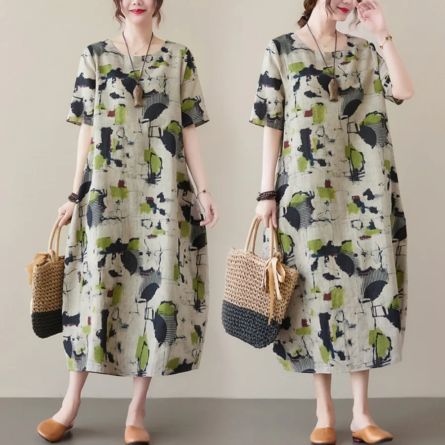 【New style】Real shot summer new style artistic loose cotton and linen printed round collar short-sleeve dress, women's medium a
【New style】Real shot summer new style artistic loose cotton and linen printed round collar short-sleeve dress, women's medium a