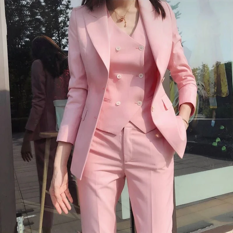 Women Suit Pink 3 Pieces Formal Slim Fit Female Women Custom Made Office Work Wear Set Jacket Vest With Pants
Women Suit Pink 3 Pieces Formal Slim Fit Female Women Custom Made Office Work Wear Set Jacket Vest With Pants