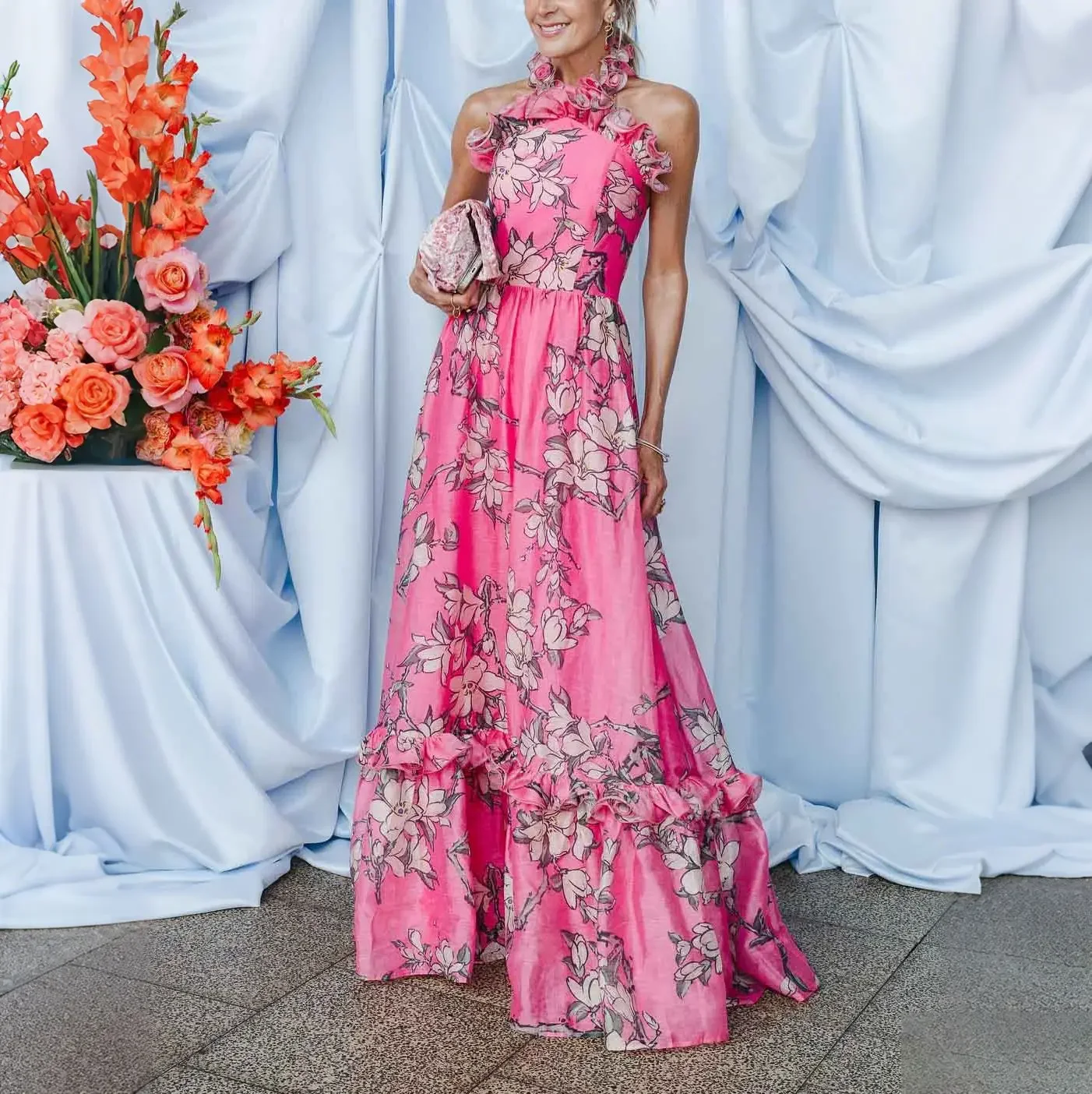 Slim Printing Floral Halter Evening Dress Ruffle Spliced 3D Flower Sleeveless High Waist Long Dress Wedding Guest Party Prom
Slim Printing Floral Halter Evening Dress Ruffle Spliced 3D Flower Sleeveless High Waist Long Dress Wedding Guest Party Prom
