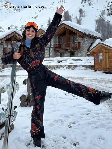 Floral Print Hooded Ski Jumpsuit Women's Windproof Full Sleeve Zippers Belted Skiing Romper 2026 Winter New Ladies Chic Snowsuit