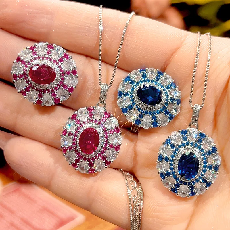 Luxury Oval Cut Ruby Red Sapphire Blue Ring Necklace Adjustable Double Halo Design with Pink Elegant Jewelry Women Party Gift
Luxury Oval Cut Ruby Red Sapphire Blue Ring Necklace Adjustable Double Halo Design with Pink Elegant Jewelry Women Party Gift