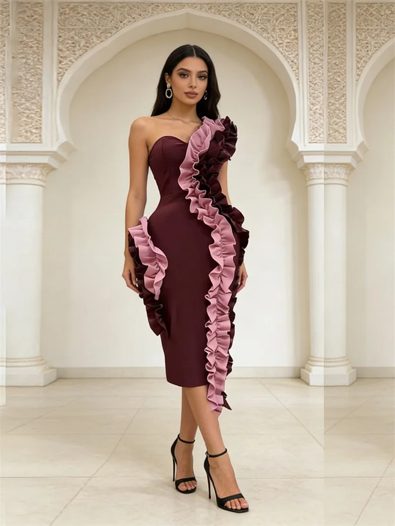 Burgundy Pink Prom Dress Sexy One Shoulder Sleeveless Ruffles Midi Sheath Party Gown Formal Wedding Birthday Evening Robe
Burgundy Pink Prom Dress Sexy One Shoulder Sleeveless Ruffles Midi Sheath Party Gown Formal Wedding Birthday Evening Robe