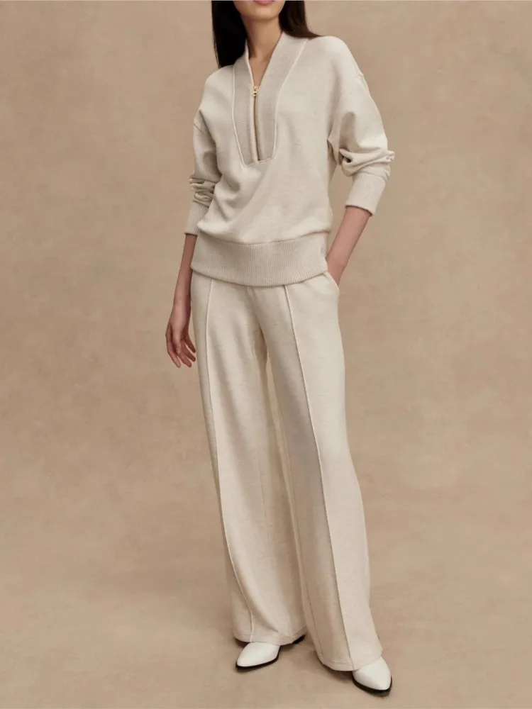 Осенне-зимний повседневный простой однотонный топ на молнии с длинными рукавами и широкими брюками, комплект из двух предметов, женские повседневные комплекты для поездок на работу
Осенне-зимний повседневный простой однотонный топ на молнии с длинными рукавами и широкими брюками, комплект из двух предметов, женские повседневные комплекты для поездок на работу