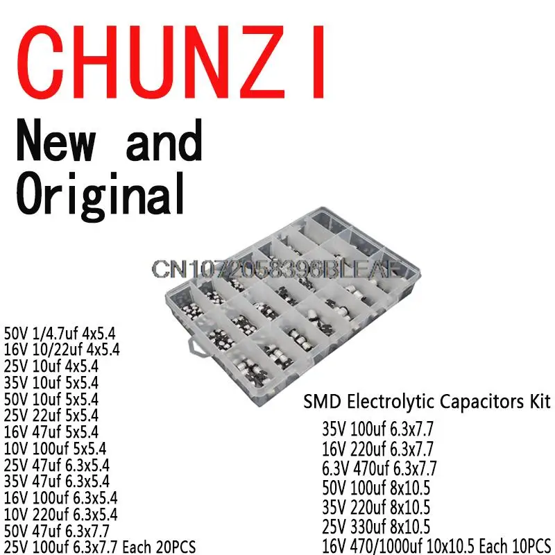 1uF~1000uF 6.3V-50V 400PCS 24Value SMD Aluminum Electrolytic Capacitors Assortment Kit + Box
1uF~1000uF 6.3V-50V 400PCS 24Value SMD Aluminum Electrolytic Capacitors Assortment Kit + Box