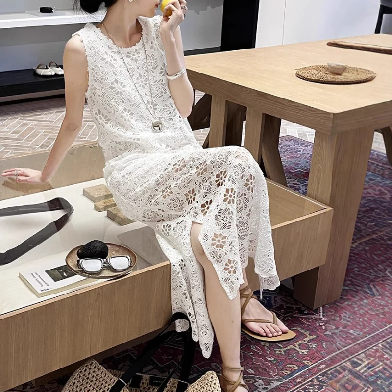 French Crochet Holiday Style Lazy Wild Fashion Sleeveless Dress Women O Neck Simple Sweet Wedding Vest Lace Long Dress Summer
French Crochet Holiday Style Lazy Wild Fashion Sleeveless Dress Women O Neck Simple Sweet Wedding Vest Lace Long Dress Summer