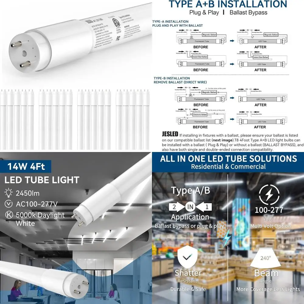 20-Pack 4ft 14W LED Tube Lights, 2450LM 5000K, Frosted, Replaces T10 T12 Fluorescent Bulbs, Easy Install
20-Pack 4ft 14W LED Tube Lights, 2450LM 5000K, Frosted, Replaces T10 T12 Fluorescent Bulbs, Easy Install