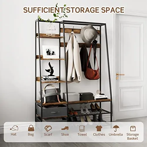 Rustic Brown Industrial Entryway Organizer With 6-Tier Shelves, Bench, 2 Fabric Baskets, 9 Hooks, And Shoe Storage
Rustic Brown Industrial Entryway Organizer With 6-Tier Shelves, Bench, 2 Fabric Baskets, 9 Hooks, And Shoe Storage